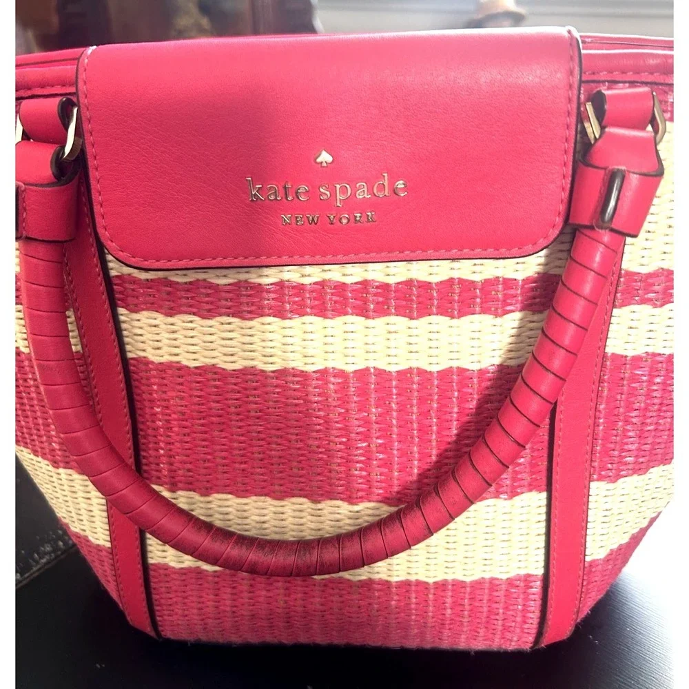 Kate Spade Cruise Medium Straw Handbag Bikini Pink Summer Tote Purse - Picture 2 of 5